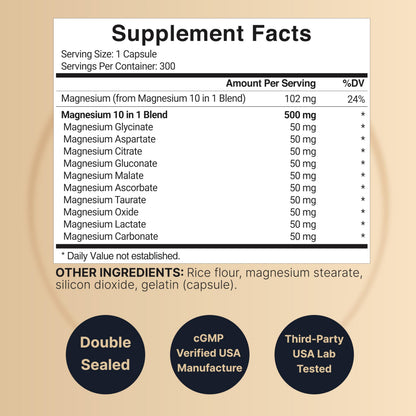 Magnesium Complex 500mg, 300 Capsules | 10-in-1 Magnesium Glycinate, Citrate, Malate & More | Chelated Form for Easy Absorption | Non-GMO NatureBellBuy Supplements Australia