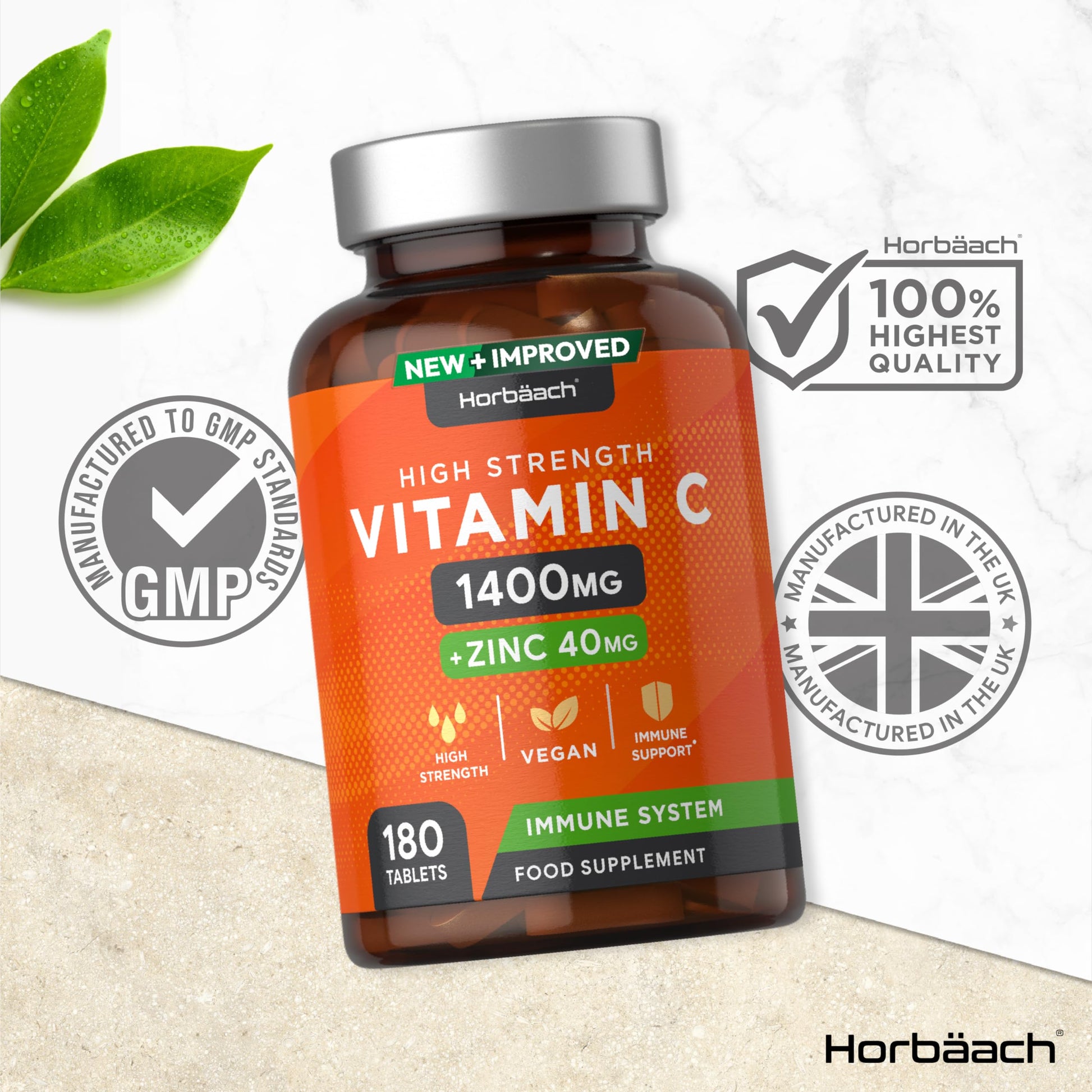 Vitamin C and Zinc | 180 Vegan Tablets | High Strength Vitamin C 1400mg and Zinc 40mg HorbäachBuy Supplements Australia