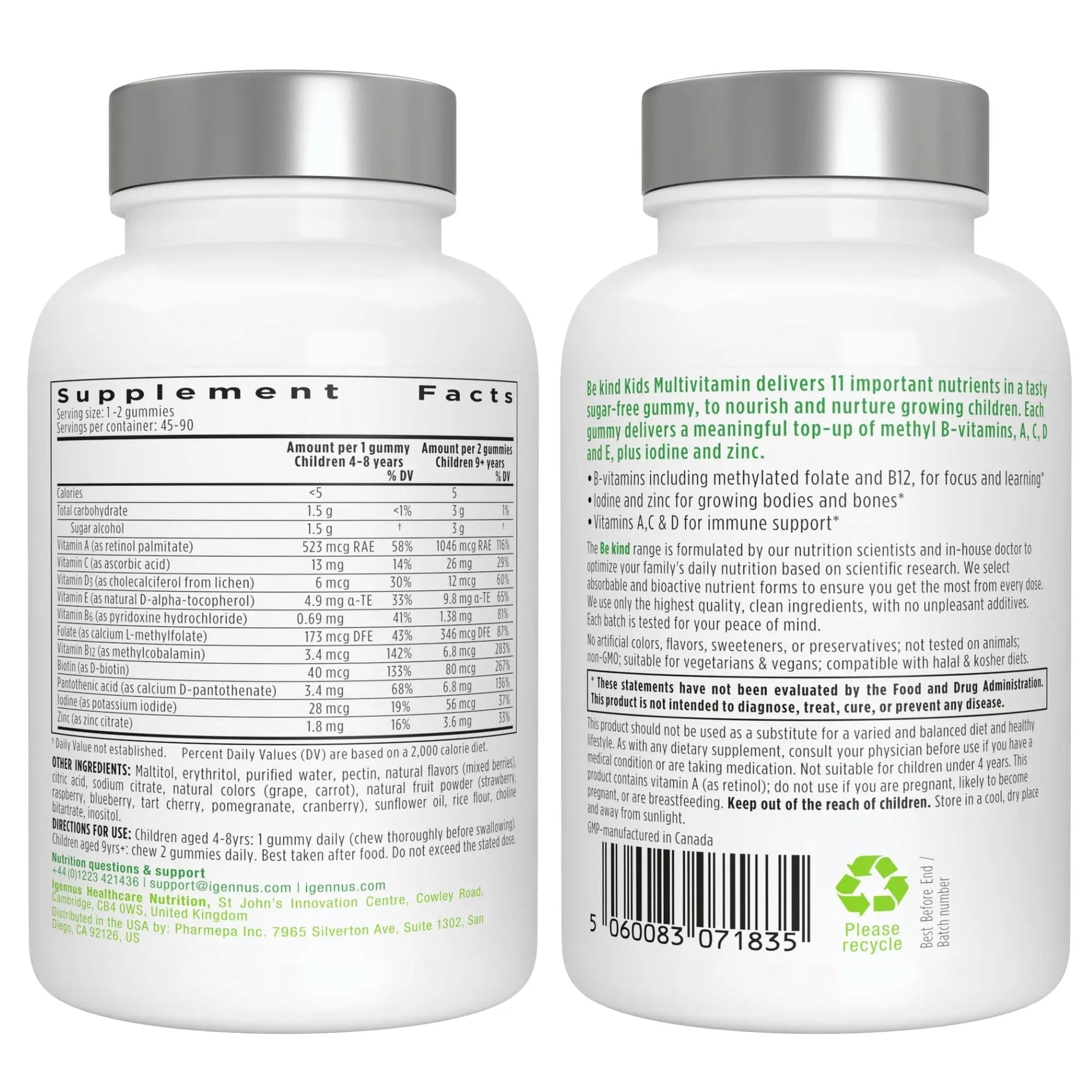 Igennus Methylated Kids Multivitamin Gummy, MTHFR, No Artificial Sweeteners or Flavors, Sugar Free, Age 4+, 90 Natural Berry Flavor Gummies Igennus Healthcare NutritionBuy Supplements Australia