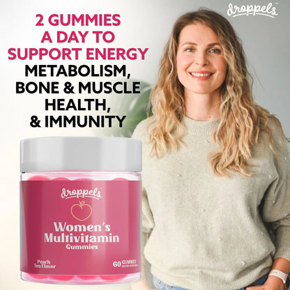 Droppels Women's Multivitamin Gummies with Folic Acid, Vitamins A, D, C, E, K, B6, B12, Biotin & More | Vegan, Non-GMO & Pectin-Based Daily Vitamins for Women | Droppels