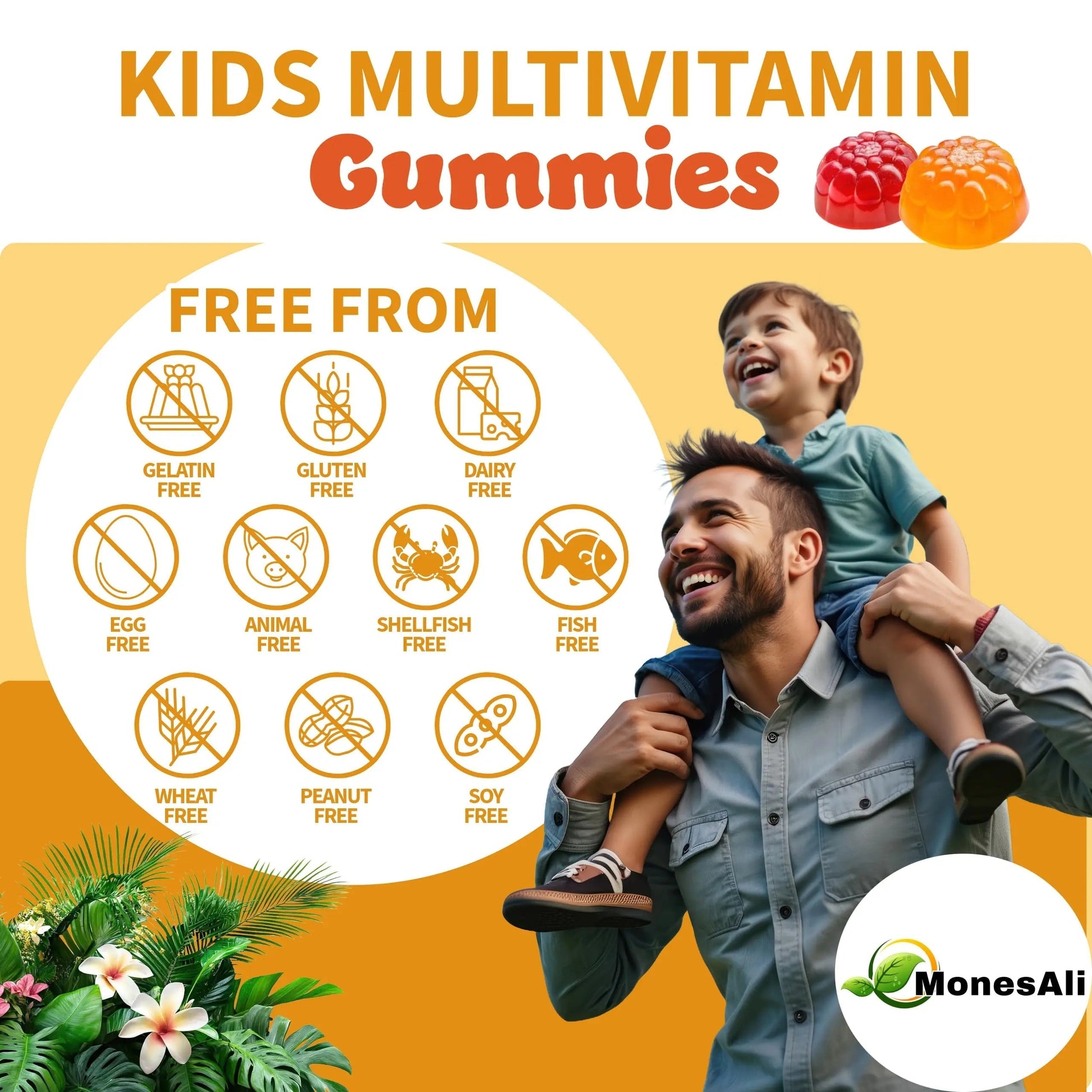 MonesAli Kids Multivitamin Gummies with Iron & Probiotics – Vegan, Gelatin-Free, Halal, Orange & Strawberry Flavors, 90 Count MonesAli