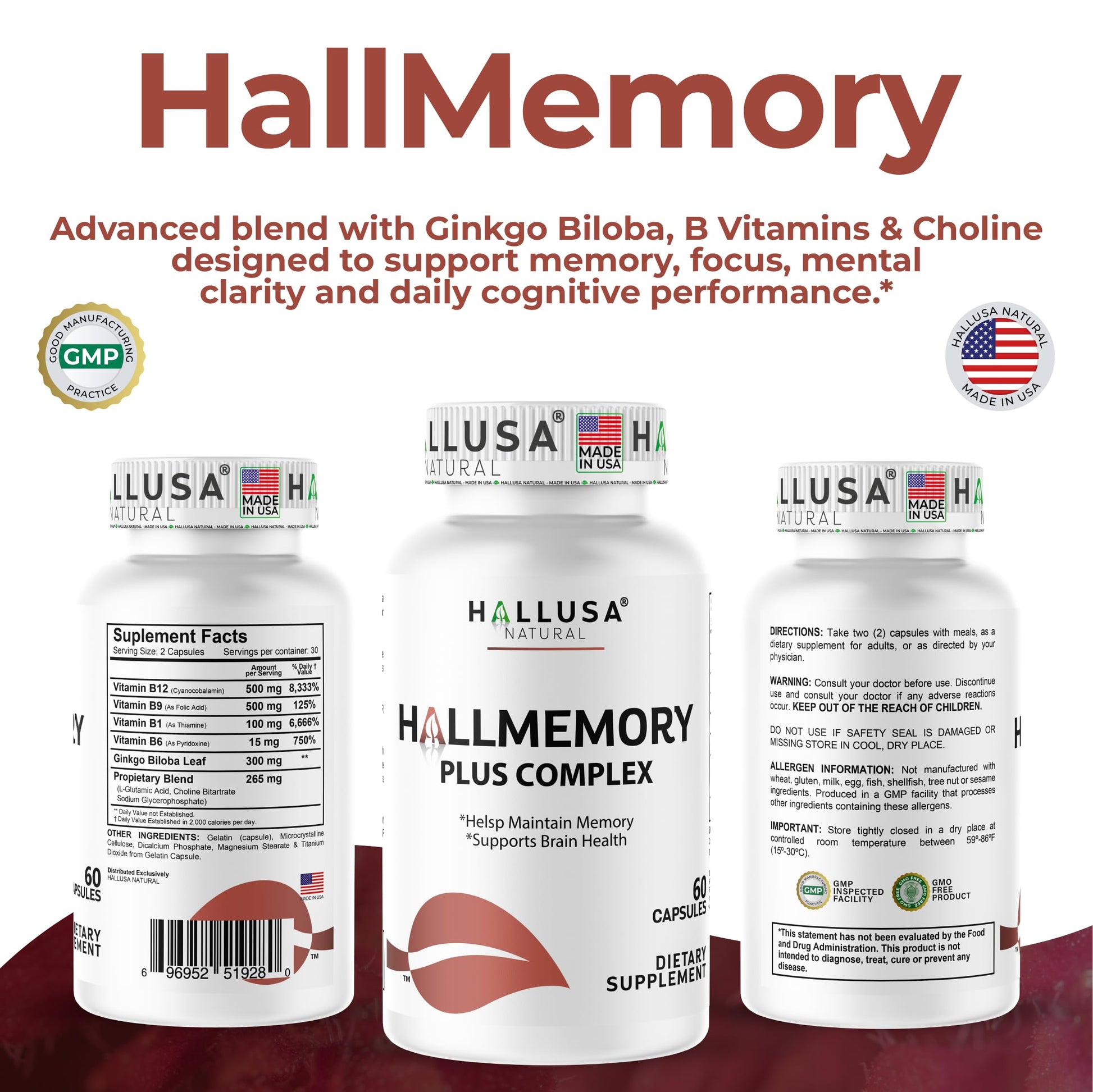 Hallusa Natural Brain Health Supplement Capsules 1680mg, Ginkgo Biloba, B Vitamins & Choline, Memory & Focus Support, Brain Booster for Men & Women, 60 Count Hallusa NaturalBuy Supplements Australia