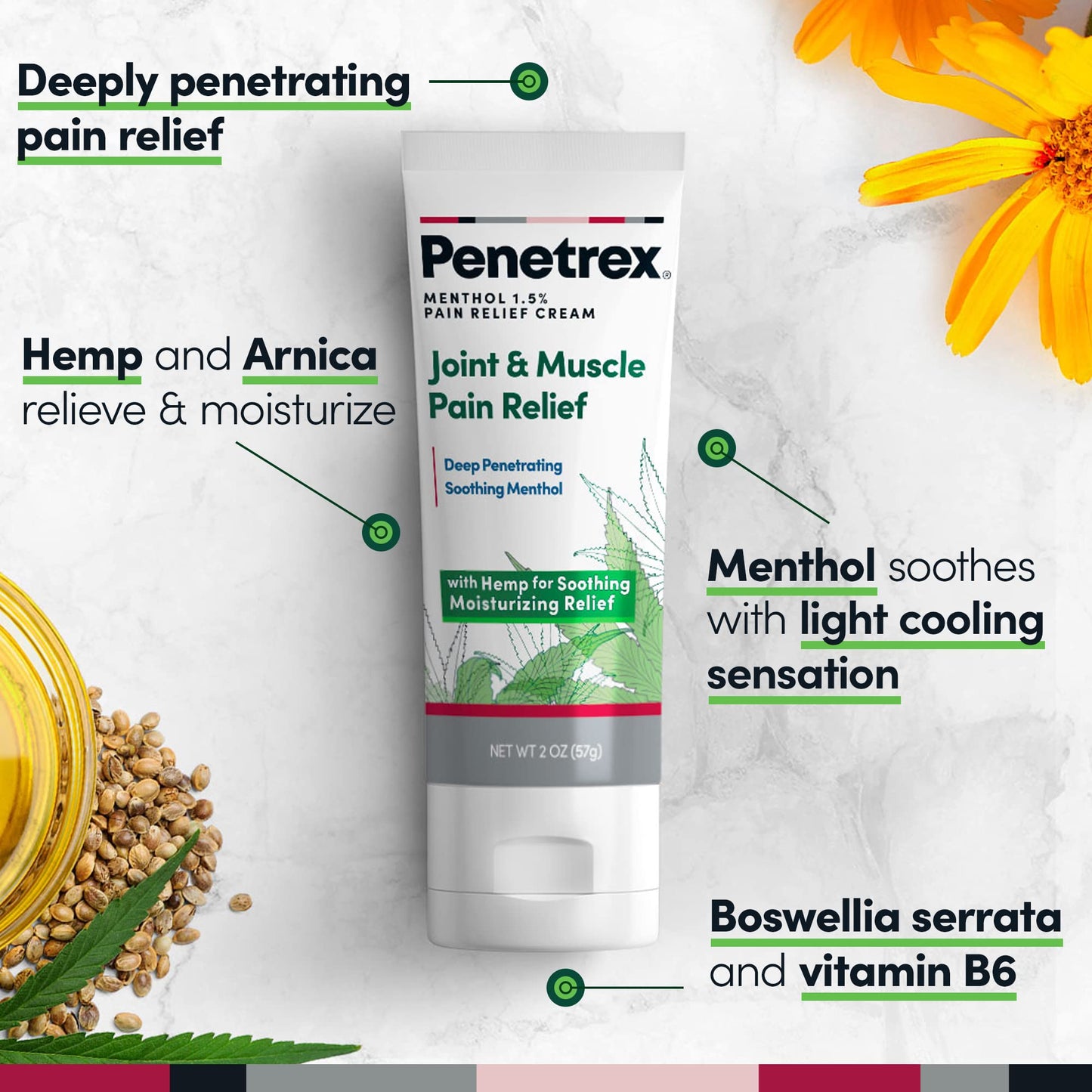 Penetrex Soothing Joint & Muscle Pain Relief Cream with Hemp - Deep Penetrating Menthol, Arnica and Hemp for Soothing, Hydrating Relief - Non-Greasy, Easy to Apply, Pleasant Scent- 2oz Squeezable Tube PenetrexBuy Supplements Australia