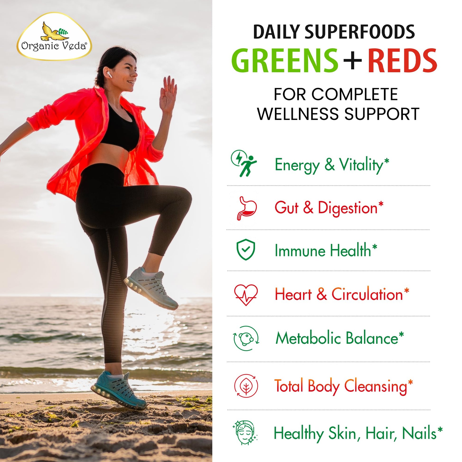 Organic Veda Super Greens & Reds Capsules - Organic Superfoods, Daily Greens, Red Juice, Fruits & Vegetables Supplement - Papaya Enzymes, Digestive Herbs, Bromelain, Antioxidants - 120 Veggie Capsules Organic VedaBuy Supplements Australia