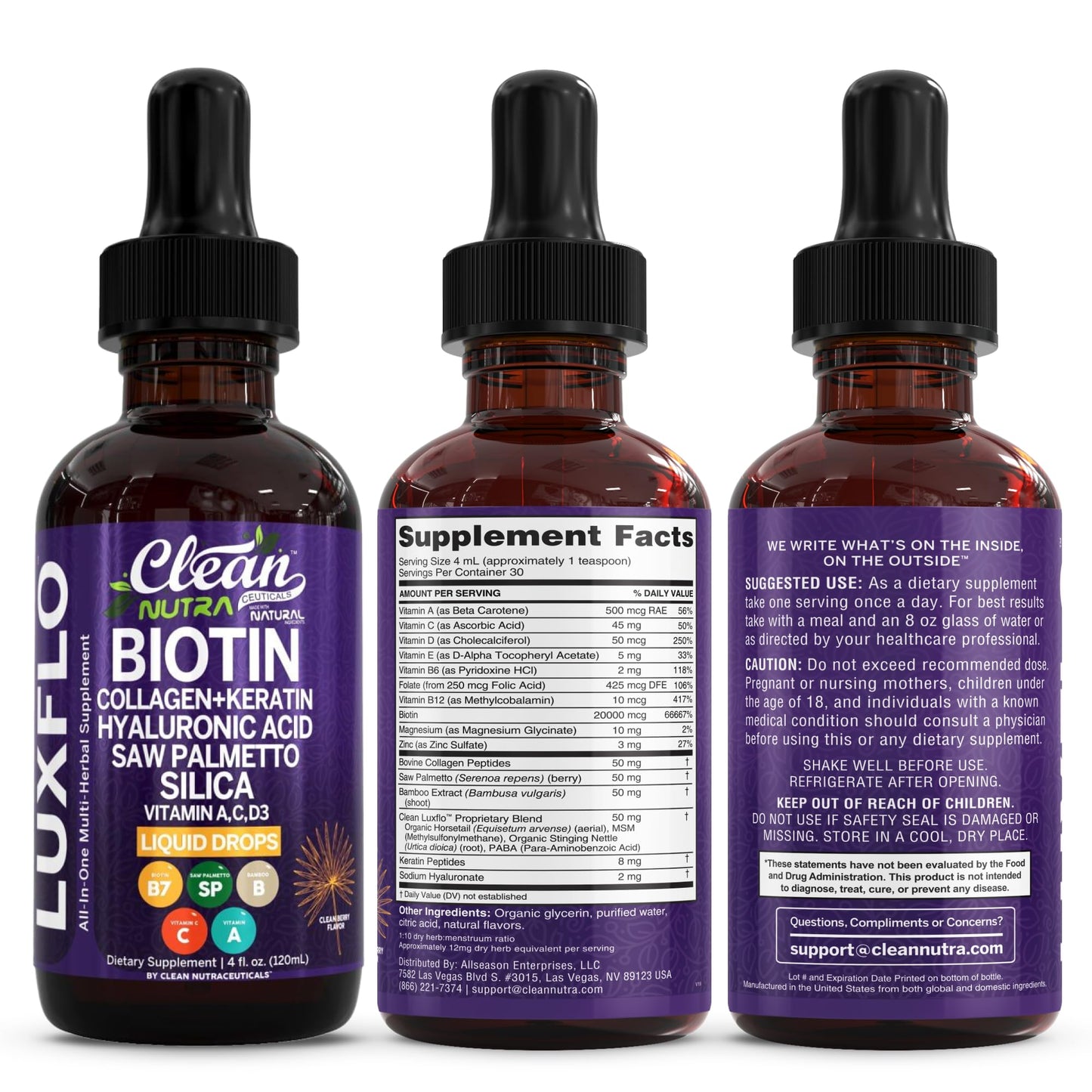 Liquid Biotin & Collagen Keratin Hyaluronic Acid Saw Palmetto Drops Vitamins for Hair Growth Support Silica Vitamin A C D Bamboo Turmeric Zinc Folate Magnesium Horsetail LuxFlo By Clean Nutra Clean NutraceuticalsBuy Supplements Australia