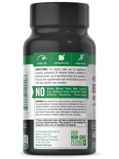 Nature's Truth Beet Root Capsules | 60 Count | Nitric Oxide Supplement for Men and Women | Vegan, Non-GMO and Gluten Free Pre-Workout