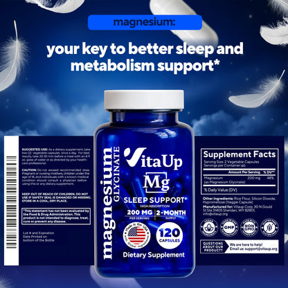 VitaUp Magnesium Glycinate 200mg - USA Made, Highly Absorbed, Non-GMO Magnesium for Relaxation, Deep Sleep, Bones & Heart -