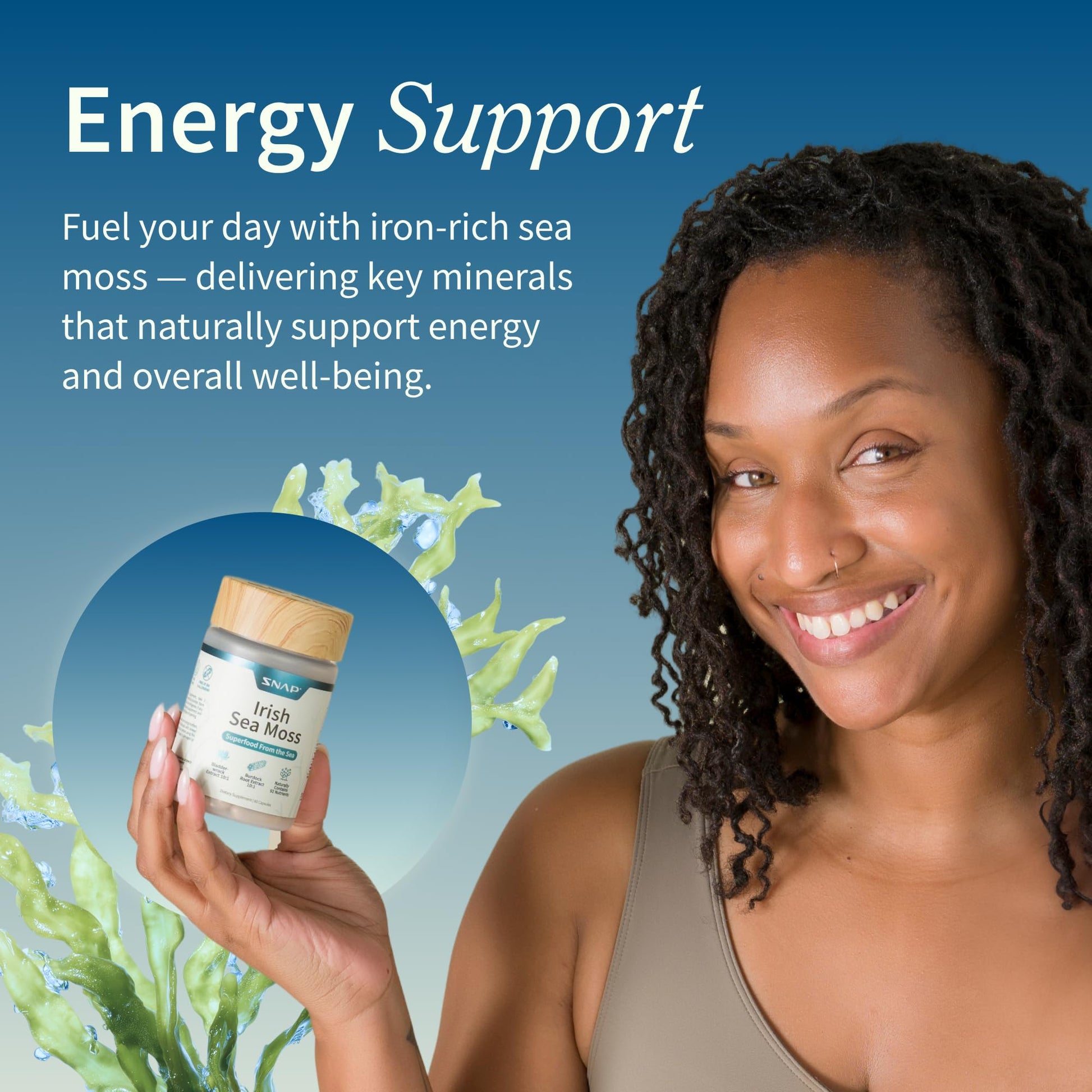 Snap Supplements Irish Sea Moss with Bladderwrack, Burdock Root & Iodine – Natural Sea Moss Supplement to Support Gut Health, Energy & Healthy-Looking Skin, 60 Vegan Capsules (1 Month Supply) Snap SupplementsBuy Supplements Australia