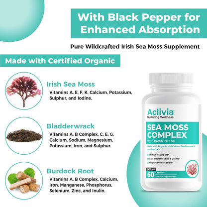 Aclivia - Organic Irish Sea Moss Capsules with Bladderwrack & Burdock Root - 102 Minerals Sea Moss Supplement - Thyroid Support, Immune Boost - Non-GMO (60 Count) AcliviaBuy Supplements Australia