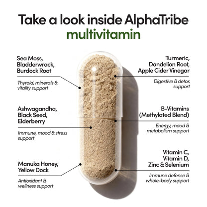 Alpha Tribe Multivitamin for Men & Organizer w/Seamoss Black Seed Oil Ashwagandha Burdock Root Turmeric Bladderwrack Vitamin C | Daily Men's Vitamins & Minerals Supplement | 60 Count Alpha TribeBuy Supplements Australia