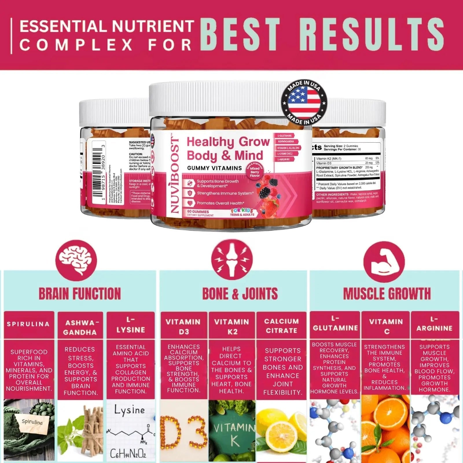 NUVIBOOST Healthy Grow Height Growth Gummies Rich in Calcium, Vitamins C, D3, K2, L-Arginine, Ashwagandha, and Others NUVIBOOST