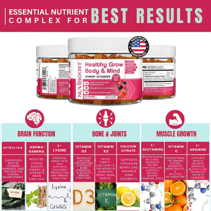 NUVIBOOST Healthy Grow Height Growth Gummies Rich in Calcium, Vitamins C, D3, K2, L-Arginine, Ashwagandha, and Others NUVIBOOST