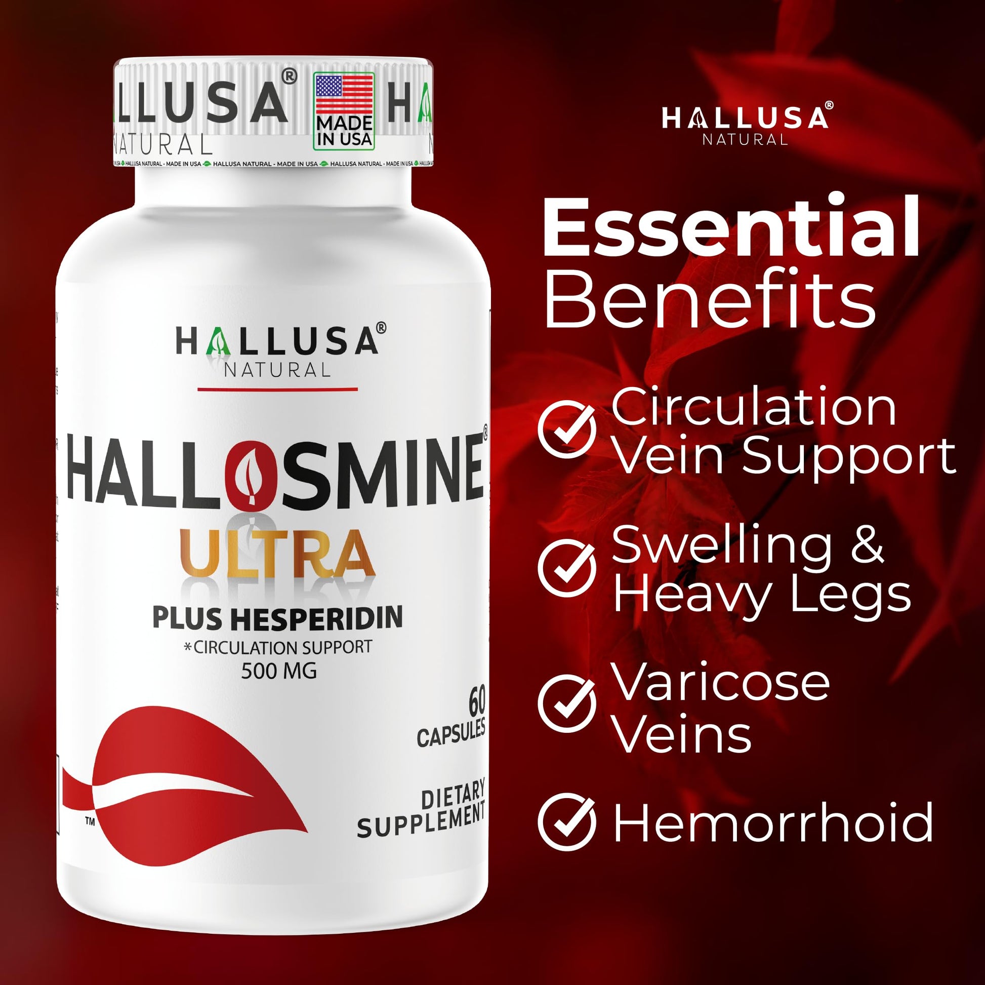 Hallosmine Ultra 650mg Diosmin Hesperidin, 60 Capsules + FREE Leg Cream with Diosmin, Hesperidin & Horse Chestnut, 4 oz | Blood Circulation & Vein Support Supplement, GMO Free, Gluten Free Hallusa NaturalBuy Supplements Australia