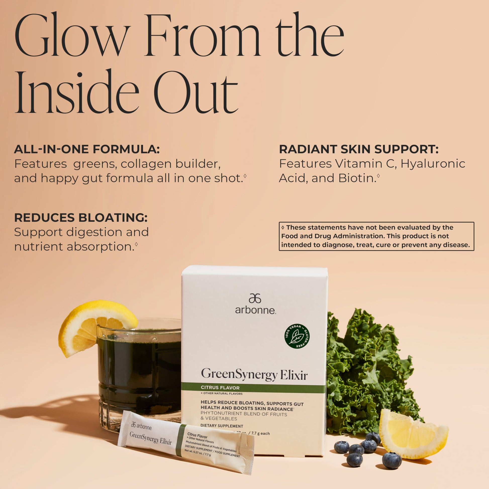Arbonne GreenSynergy Elixir – Citrus-Flavored Greens Powder with 13 Digestive Enzymes, Vegan Collagen Builder, Probiotics, and Prebiotics – Supports Gut Health and Digestion – 30 Stick Packs ArbonneBuy Supplements Australia