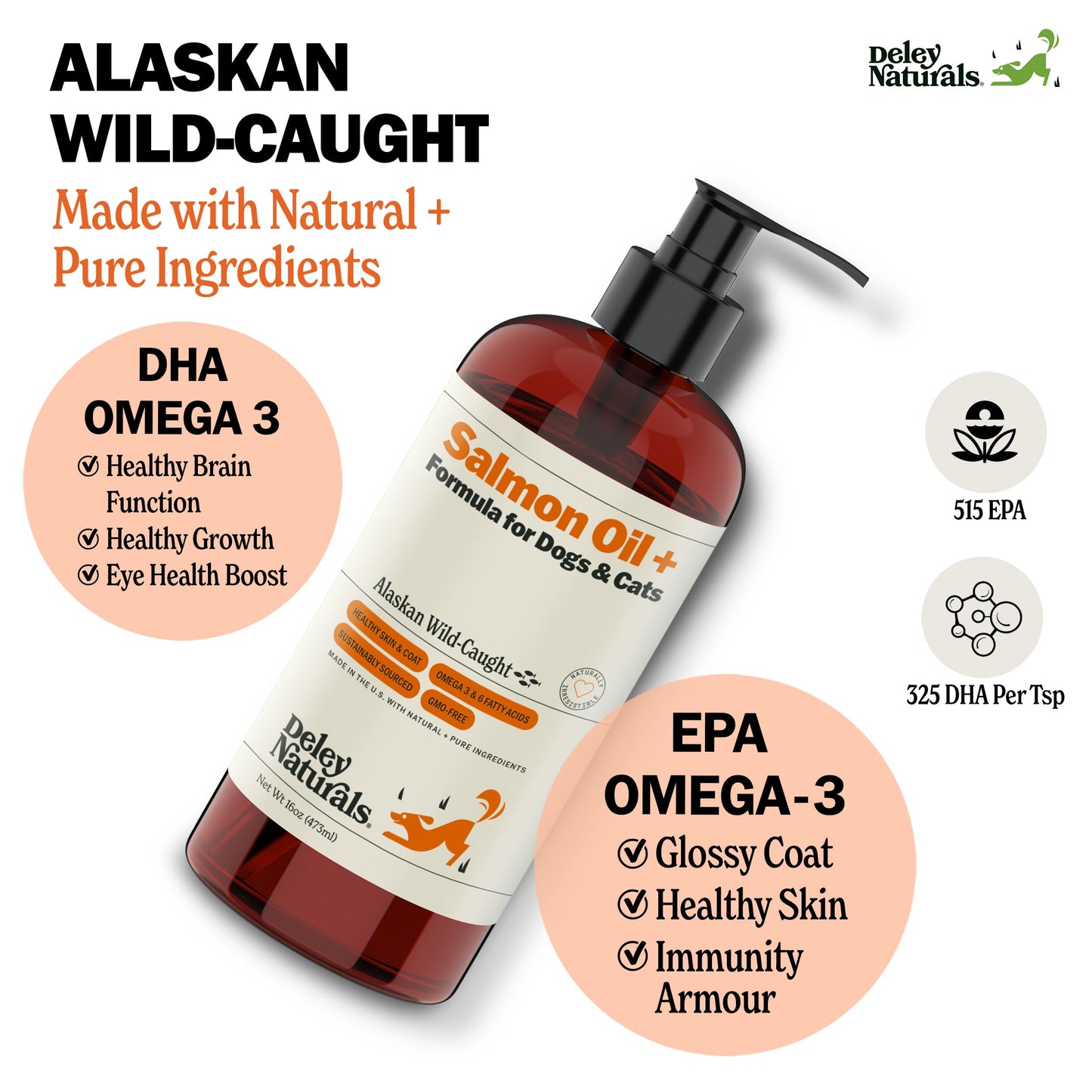 Deley Naturals Wild Alaskan Salmon Oil for Dogs & Cats - New and Improved Salmon Oil Plus Formula - Fish Oil for Dogs with Omega 3, DHA and EPA - Omega 3 for Healthy Skin and Coat - 16oz Made in USA Deley NaturalsBuy Supplements Australia