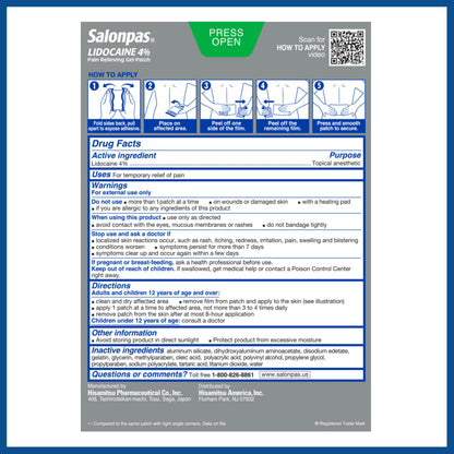 Salonpas Lidocaine 4% Pain Relieving Gel-Patch, 6 Count, for Back, Neck, Shoulder, Knee & Elbow Pain SalonpasBuy Supplements Australia