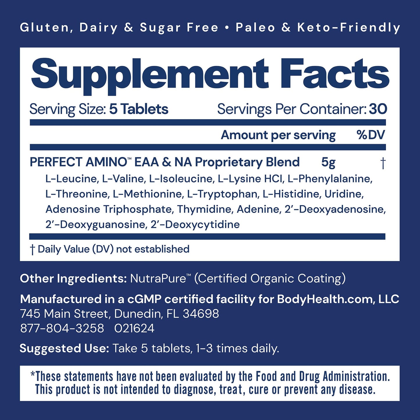 BodyHealth PerfectAmino (150 ct) Easy to Swallow Tablets, Essential Amino Acids Supplement with BCAAs, Vegan Protein for Pre/Post Workout & Muscle Recovery with Lysine