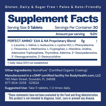 BodyHealth PerfectAmino (150 ct) Easy to Swallow Tablets, Essential Amino Acids Supplement with BCAAs, Vegan Protein for Pre/Post Workout & Muscle Recovery with Lysine