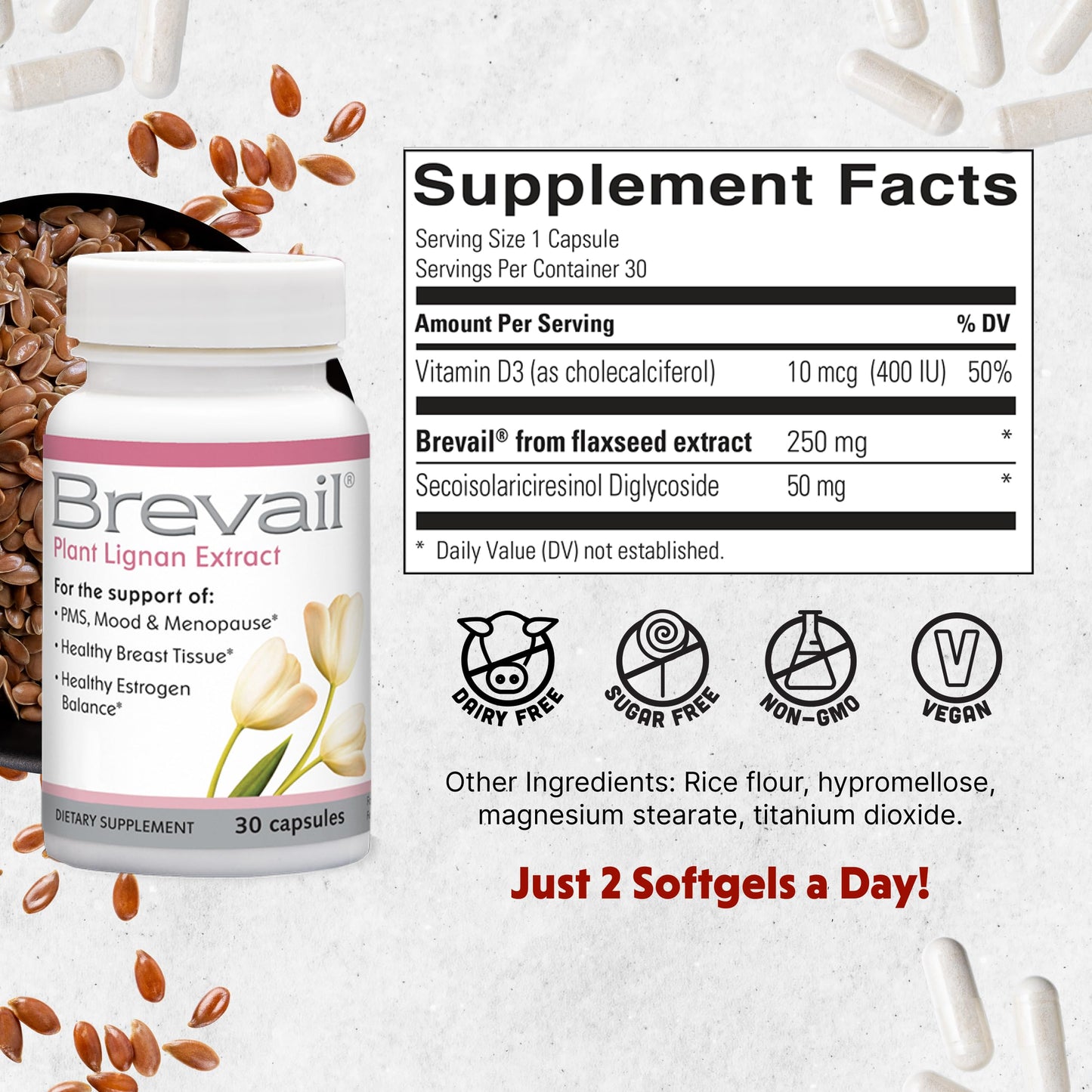 Brevail Plant Lignan Extract Capsules, Proactive Breast Health Supplement with 50 mg SDG Lignans from Flax Seed Hulls for Healthy Estrogen Balance and PMS Mood Support Pills, 30 Count Barlean'sBuy Supplements Australia
