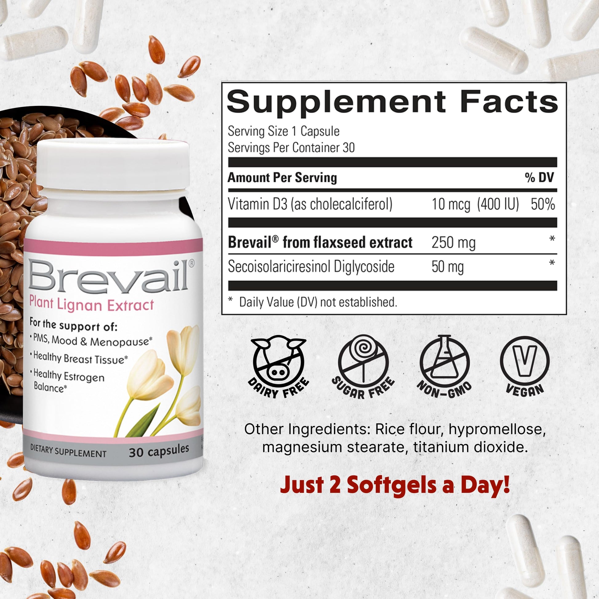 Brevail Plant Lignan Extract Capsules, Proactive Breast Health Supplement with 50 mg SDG Lignans from Flax Seed Hulls for Healthy Estrogen Balance and PMS Mood Support Pills, 30 Count Barlean'sBuy Supplements Australia