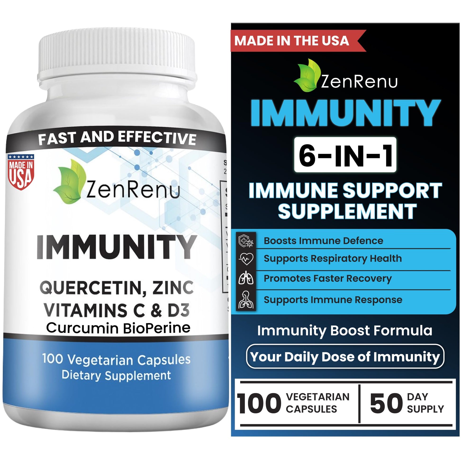 Zenrenu Immunity Quercetin 700 mg Zinc Vitamin C Vitamin D Immune Support Supplement with Curcumin - Easy to Absorb Immunity Supplement, 100 Vegetarian Capsules 50 Day Supply ZenrenuBuy Supplements Australia