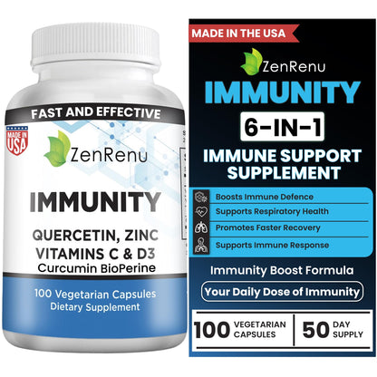 Zenrenu Immunity Quercetin 700 mg Zinc Vitamin C Vitamin D Immune Support Supplement with Curcumin - Easy to Absorb Immunity Supplement, 100 Vegetarian Capsules 50 Day Supply ZenrenuBuy Supplements Australia