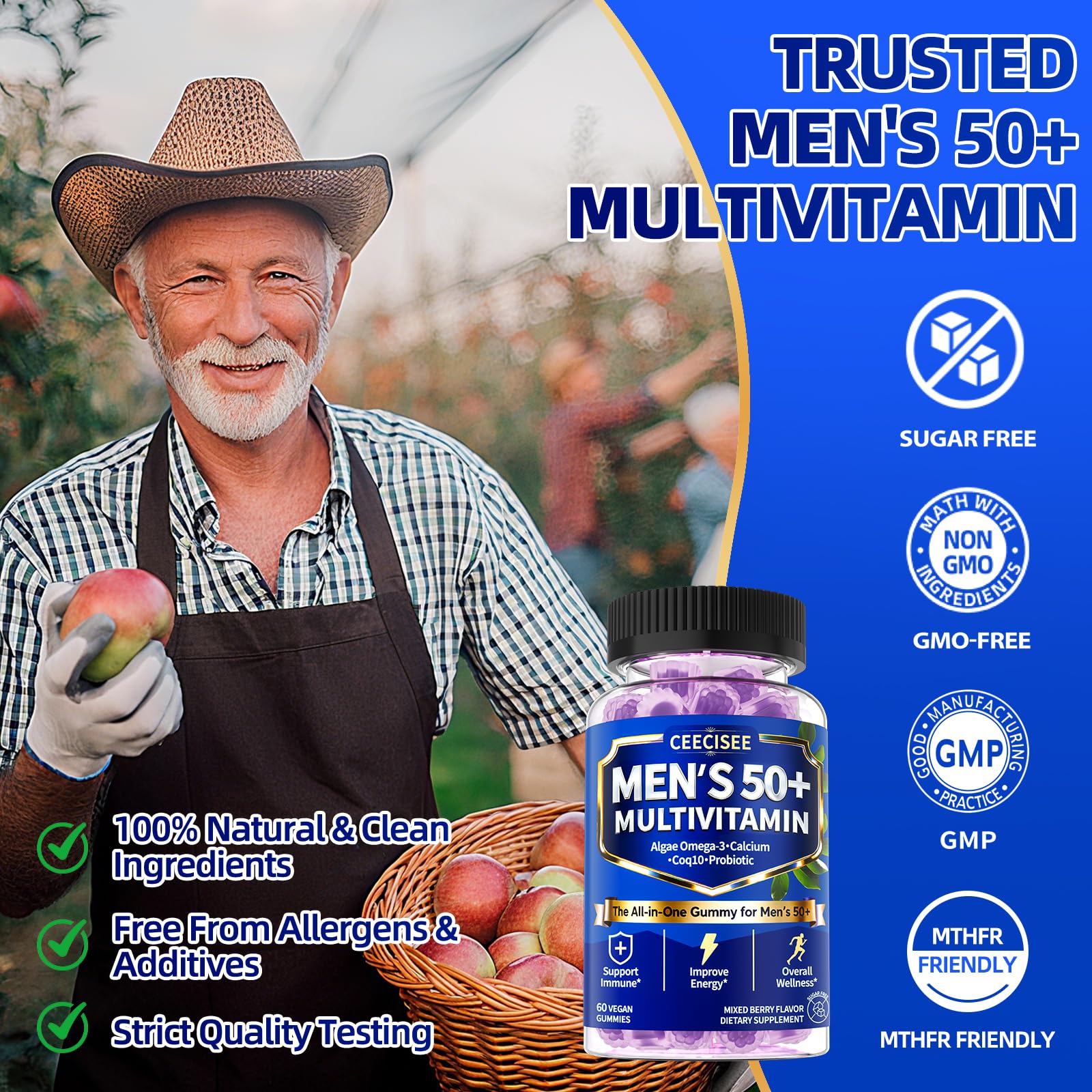 Ceecisee Methylated Multivitamin for Men Over 50: Daily Mens Multivitamins Gummies with Omega Probiotic Magnesium Zinc Vitamins D3 B12 - Energy Immune Support No Iron Vitamins Gummy for Men(60Count) CeeciseeBuy Supplements Australia
