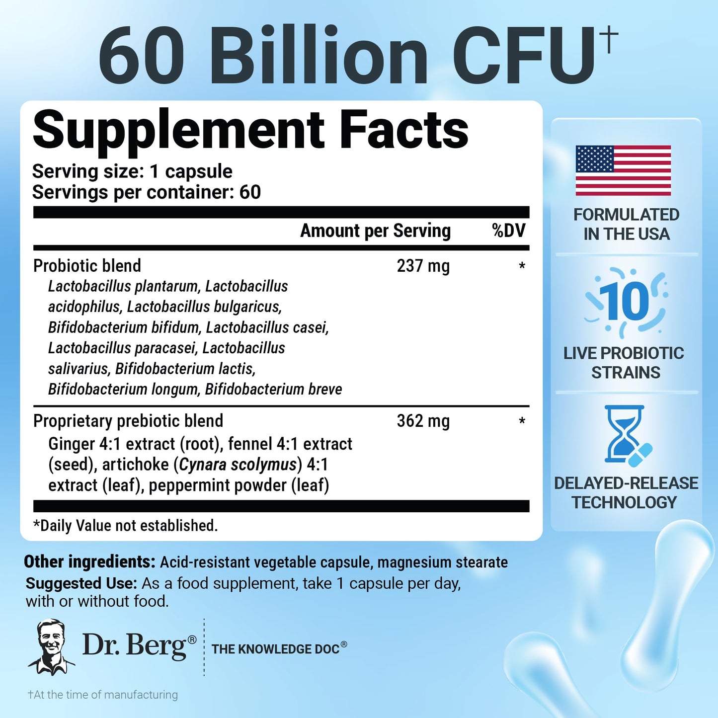 Dr. Berg Probiotic Supplement (60 Billion CFUs) - Helps Ease Occasional Constipation, Diarrhea, Gas & Bloating* - Pre and Probiotics for Digestive Health