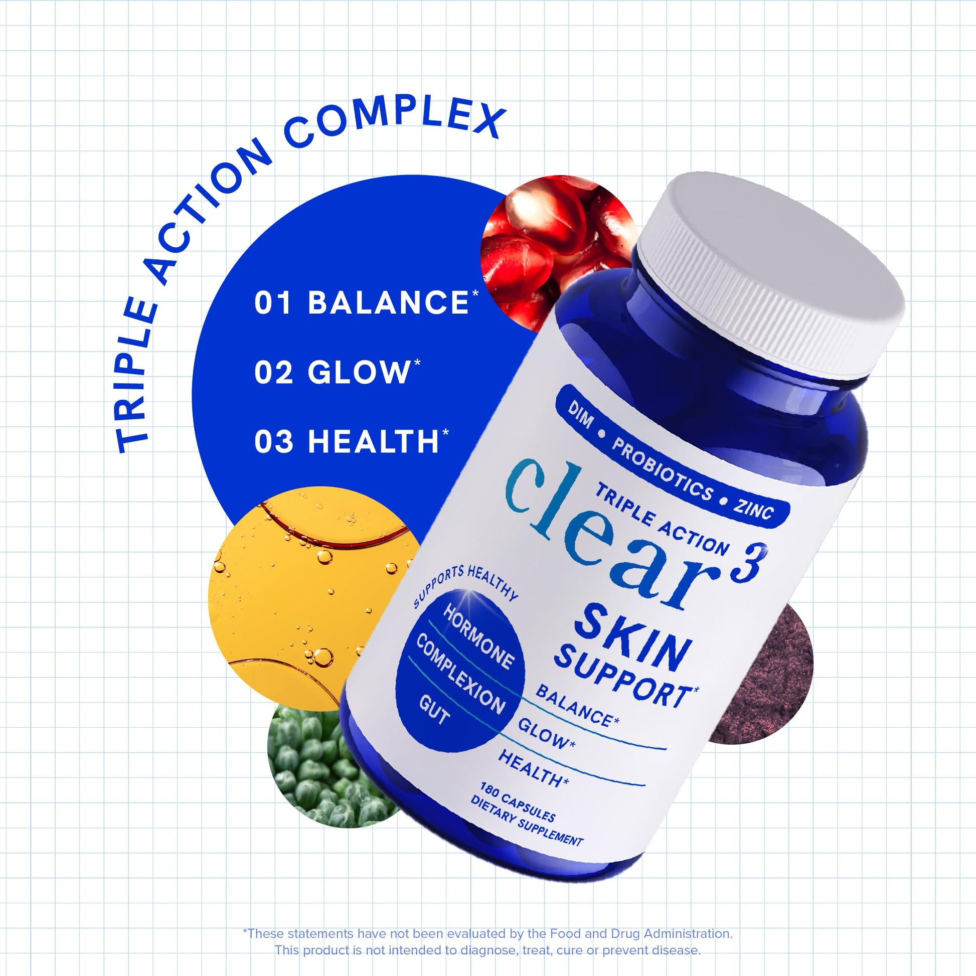 Clear Skin Supplement with Zinc, DIM & Probiotics | 3-in-1 Balance, Glow & Health Skin Support | Triple Action Hyaluronic Acid, Niaciminide & Vitamins for Hormone, Complexion & Gut Support | 180 Ct SMNutritionBuy Supplements Australia