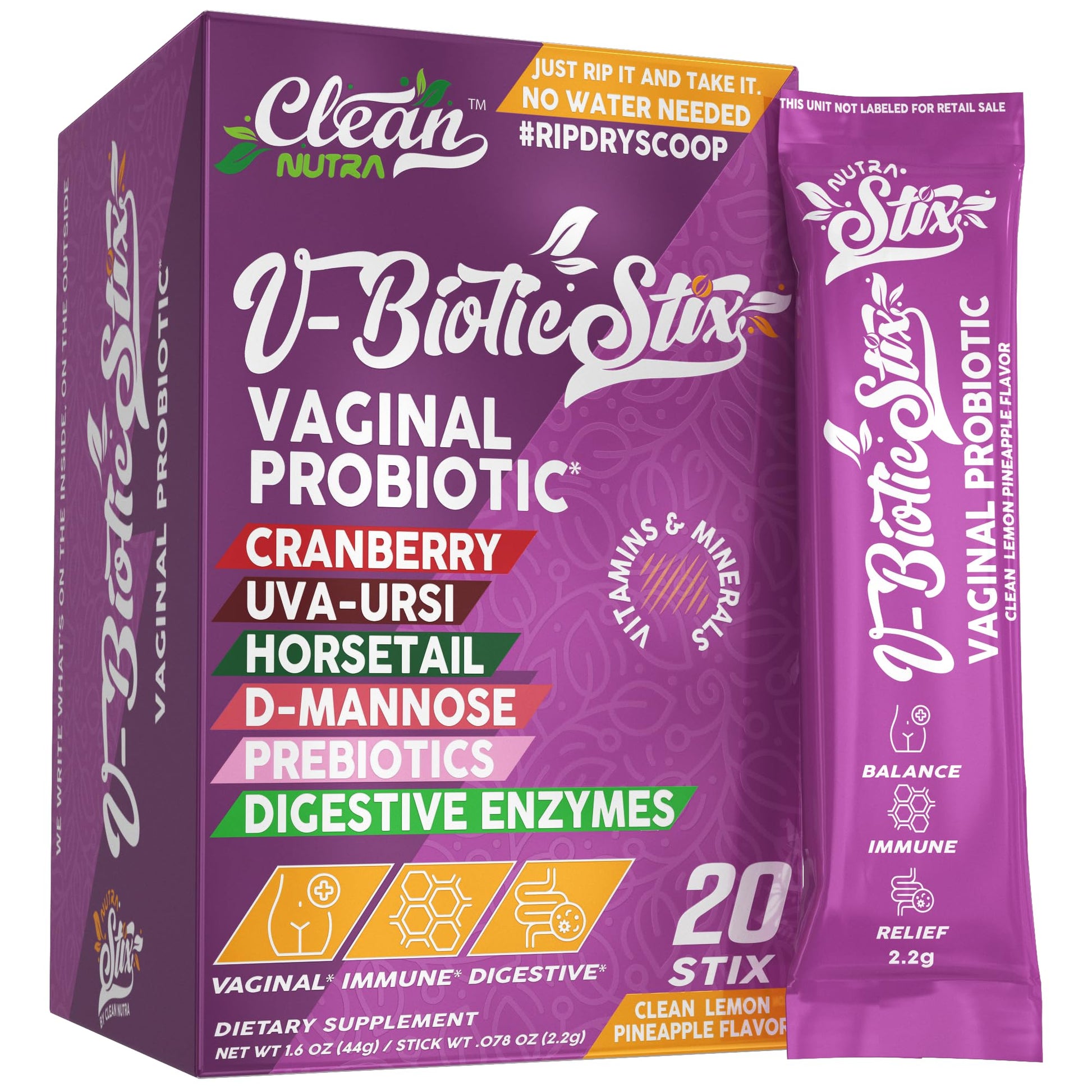 Clean Nutraceuticals Vaginal Probiotics for Women with Cranberry Extract, D-Mannose, Prebiotics, pH Balance for Women, Vaginal Health – Womens Probiotic Alternative to Gummies - 20 Stix Clean NutraceuticalsBuy Supplements Australia