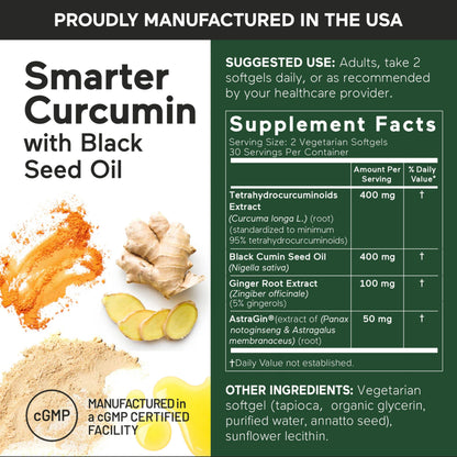 SMARTERNUTRITION Curcumin Softgels - Vegan High Absorption 400 mg Turmeric Supplement + Black Seed Oil & Ginger - 95% Tetrahydrocurcuminoids Non-GMO, USA Manufactured - 60 Ct[30 Servings] SMARTERNUTRITIONBuy Supplements Australia