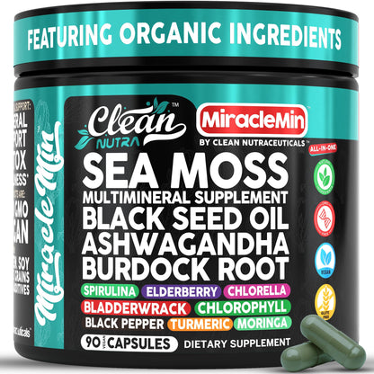 Clean Nutra Organic Sea Moss Capsules with Ashwagandha, Black Seed Oil, Burdock Root, Bladderwrack, Moringa, Chlorella, Spirulina, Turmeric, Elderberry, Amla – 90 Vegan Capsules – MiracleMin Clean NutraceuticalsBuy Supplements Australia
