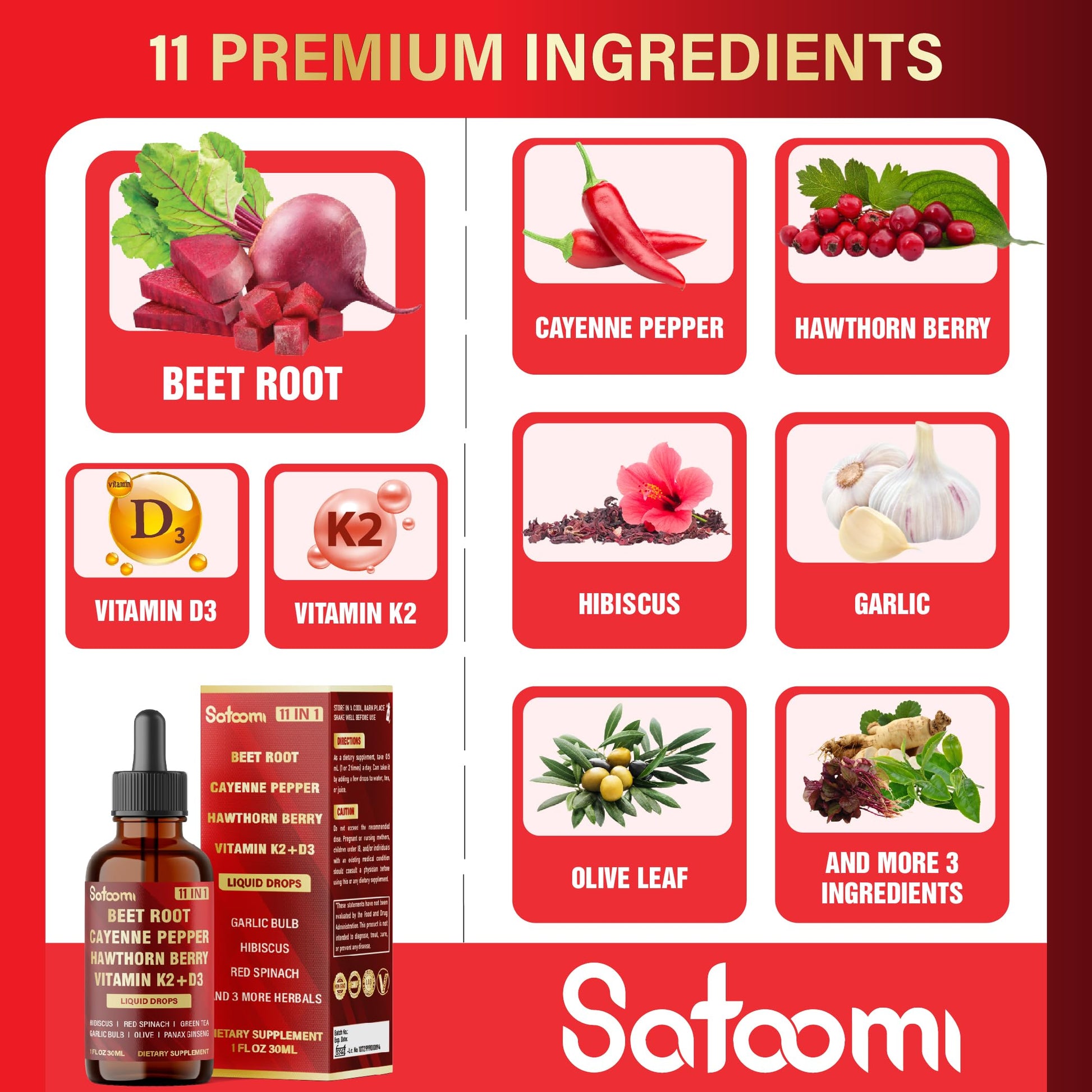 11in1 Beet Root Liquid Drops Supplement with Formula with D3, K2, Hawthorn, Red Spinach, Garlic & Green Tea and More - Supports Immune & Vitality - 1 FL Oz - for 60 Days SatoomiBuy Supplements Australia