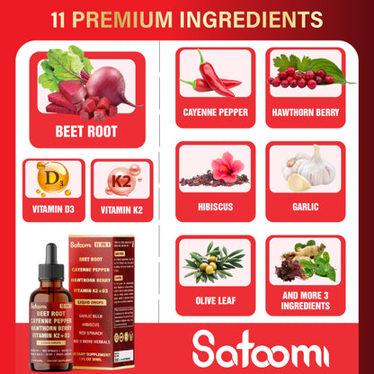 11in1 Beet Root Liquid Drops Supplement with Formula with D3, K2, Hawthorn, Red Spinach, Garlic & Green Tea and More - Supports Immune & Vitality - 1 FL Oz - for 60 Days SatoomiBuy Supplements Australia