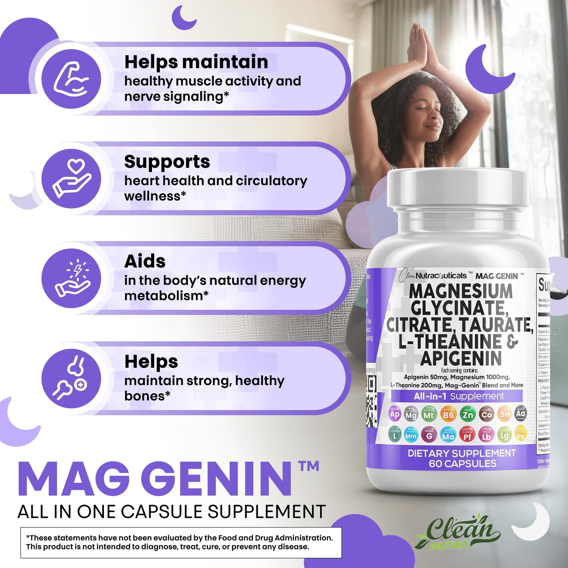 Clean Nutraceuticals Magnesium Glycinate Complex 1000mg with L-Theanine 200mg Apigenin 50mg Citrate Taurate Supplement - 5-HTP GABA Passion Flower Lemon Balm L-Glycine Phosphatidylserine - 60 Count Clean NutraceuticalsBuy Supplements Australia