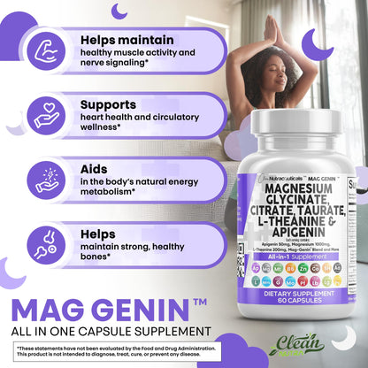 Clean Nutraceuticals Magnesium Glycinate Complex 1000mg with L-Theanine 200mg Apigenin 50mg Citrate Taurate Supplement - 5-HTP GABA Passion Flower Lemon Balm L-Glycine Phosphatidylserine - 60 Count Clean NutraceuticalsBuy Supplements Australia
