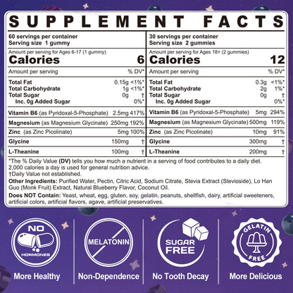 Magnesium Glycinate Gummies 500mg/250mg for Adults Kids Teens, Sugar Free Magnesium Calm Sleep Aid, Kids Sleep Gummies with L-Theanine Glycine B6 for Sleep, Calm, Muscle,Relax Brain,No Melatonin,2Pack ELLAMENTZBuy Supplements Australia