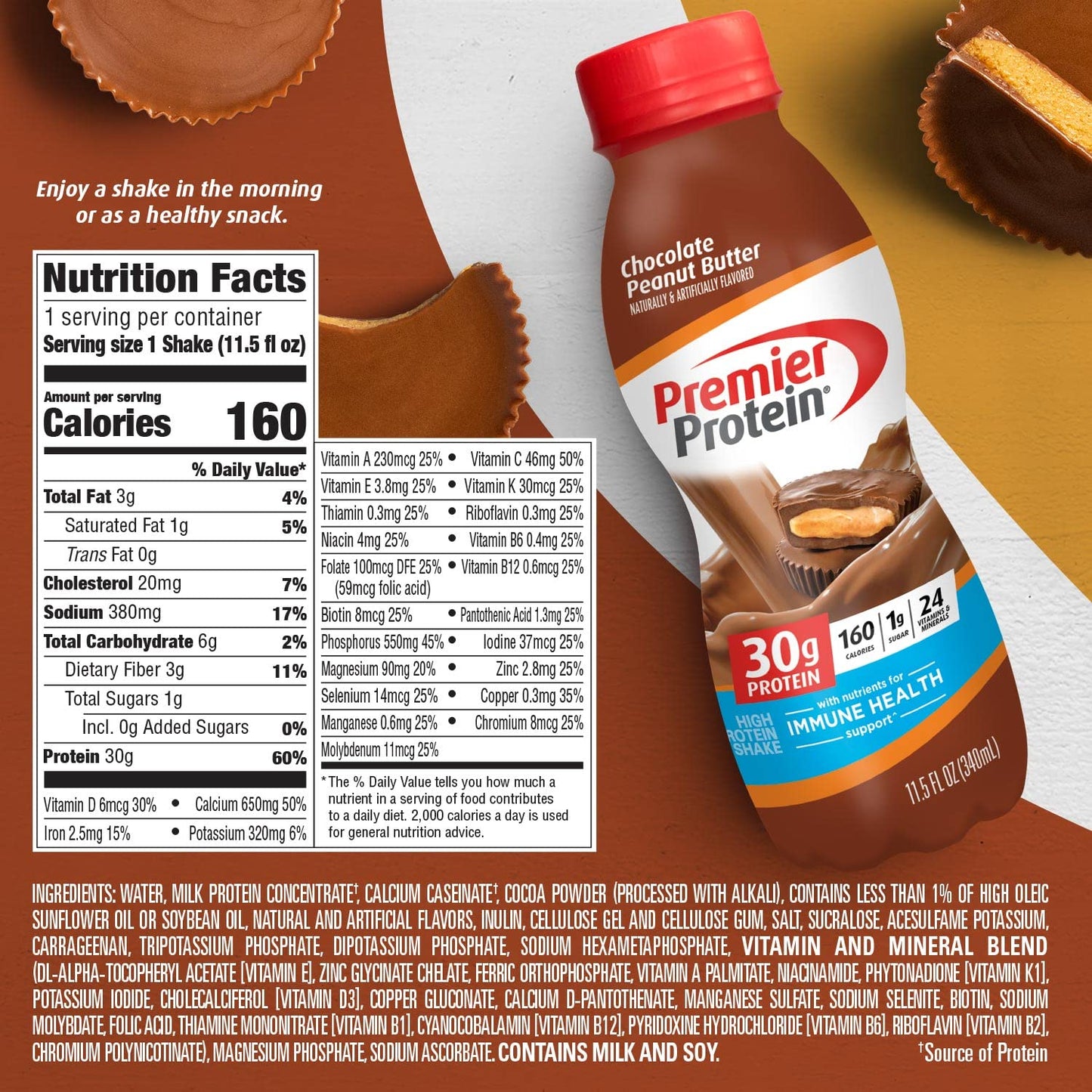 Premier Protein Shake, Chocolate Peanut Butter Liquid, 30g Protein, 1g Sugar, 24 Vitamins Premier ProteinBuy Supplements Australia