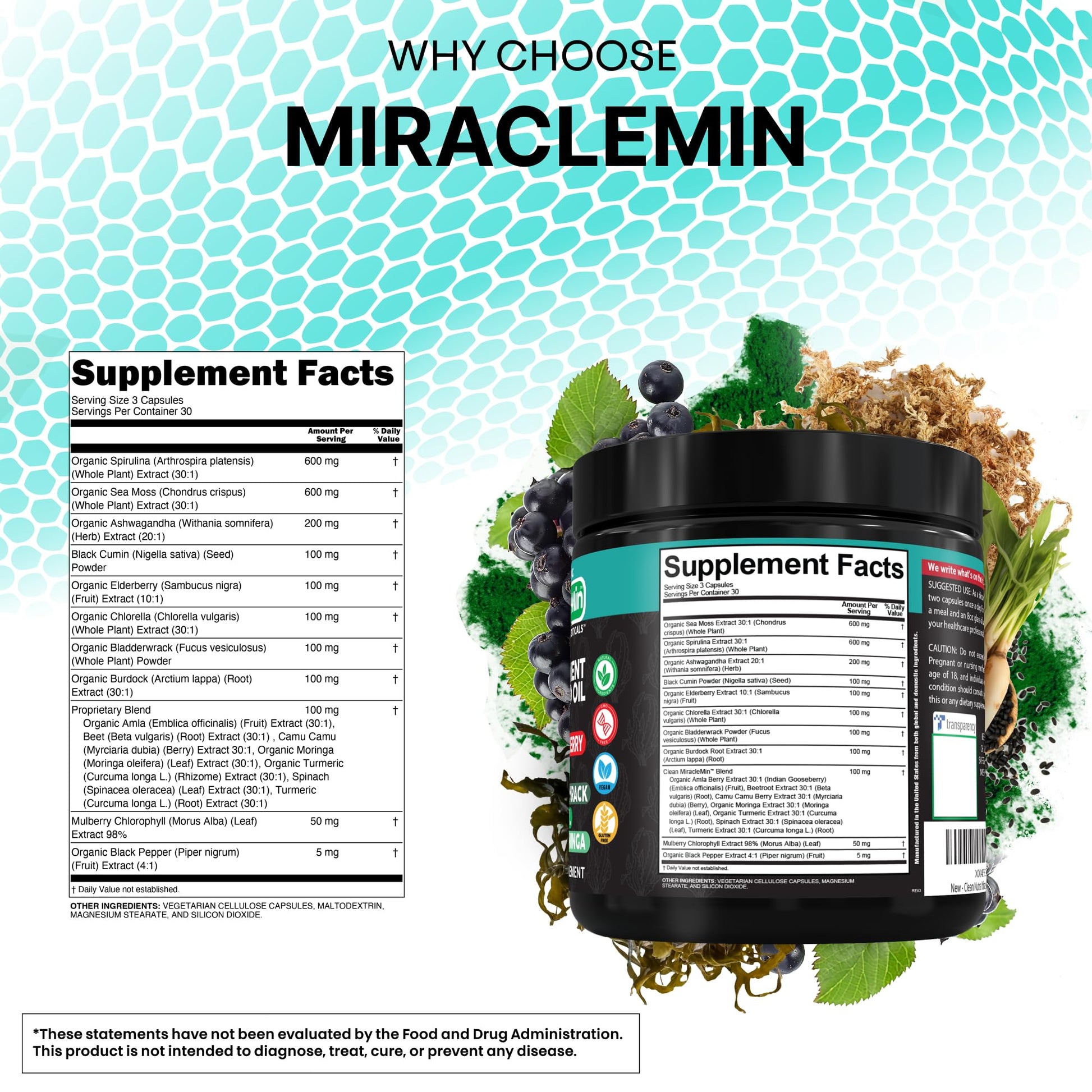 Clean Nutra Organic Sea Moss Capsules with Ashwagandha, Black Seed Oil, Burdock Root, Bladderwrack, Moringa, Chlorella, Spirulina, Turmeric, Elderberry, Amla – 90 Vegan Capsules – MiracleMin Clean NutraceuticalsBuy Supplements Australia