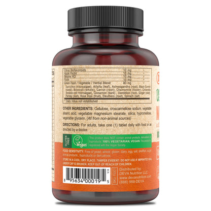 DEVA Vegan Iron-Free Multivitamin & Mineral Supplement, Green Food Blend, Spirulina, Chlorella, Ashwagandha, Broccoli, 90 Coated Tablets DEVABuy Supplements Australia