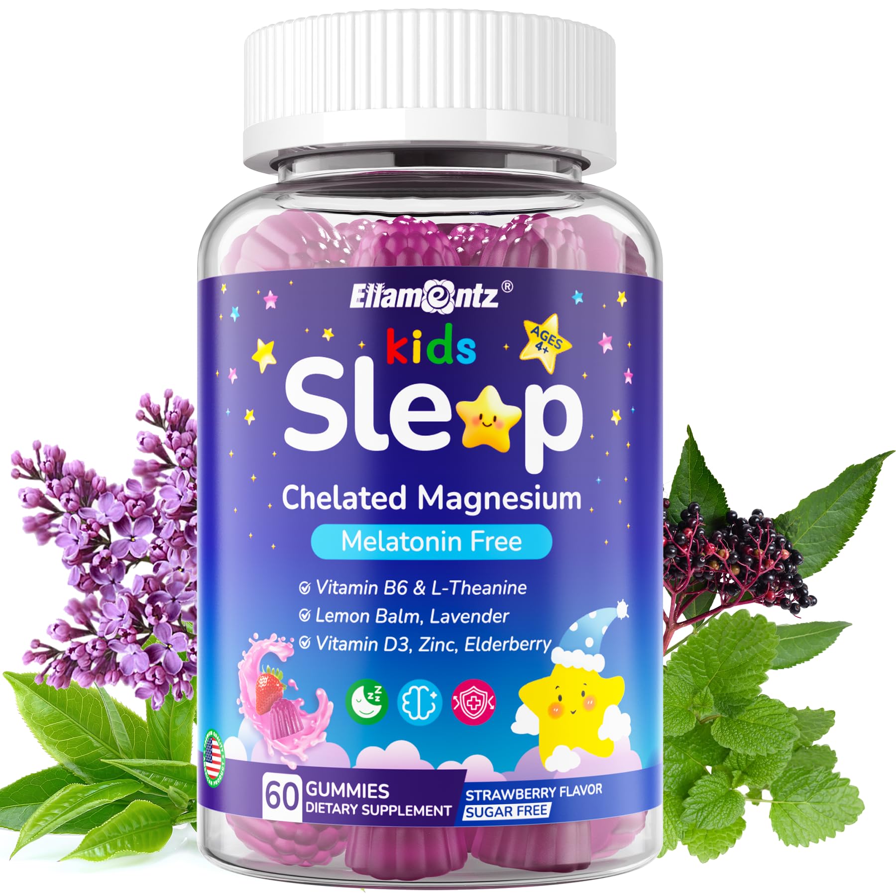 Kids Sleep Gummies, NO Melatonin Sleep Aid Gummies w/ Magnesium Glycinate, Magnesium Malate, L-Theanine, Lavender, B6, Zinc, D3K2 for Restful Sleep, Relax Brain & Muscle, Immune Support, Non-GMO 1Pack ELLAMENTZBuy Supplements Australia
