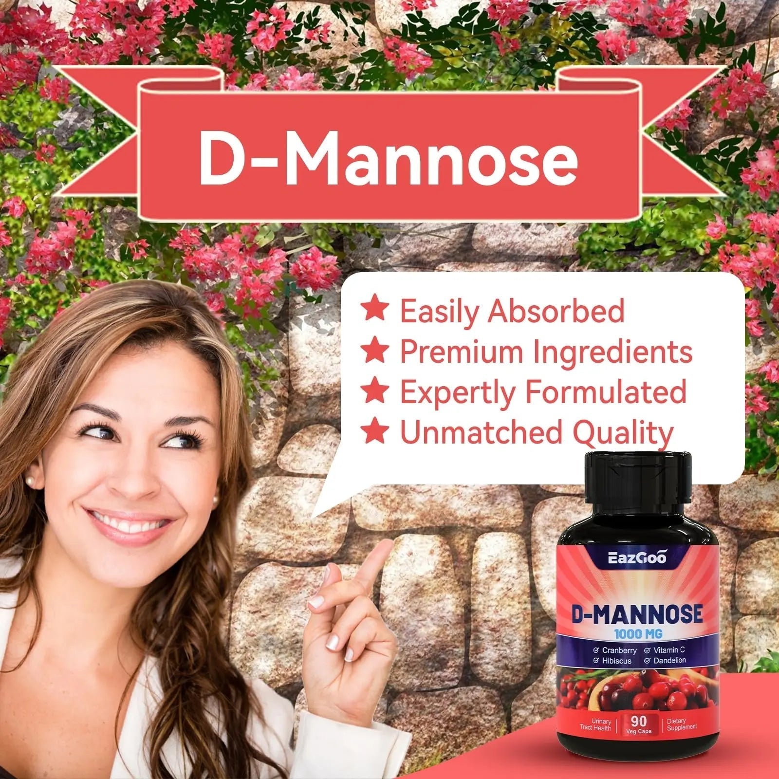 EAZGOO D-Mannose Supplement – 1000mg Capsules with Cranberry, Vitamin C, Hibiscus & Dandelion Extract, Support Urinary Health, D Mannose & Cranberry Capsules, 90 Count(Pack of 2) EAZGOOBuy Supplements Australia