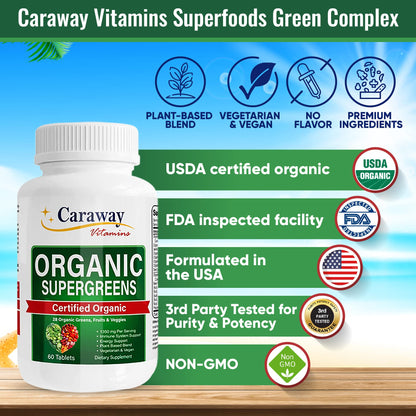 Organic Superfoods Vitamins Super Greens Complex by Caraway Vitamins 1,350 mg per Serving 28 Fruits Vegetables Greens 60 Count Tablets Non-GMO Natural for Men & Women Caraway VitaminsBuy Supplements Australia
