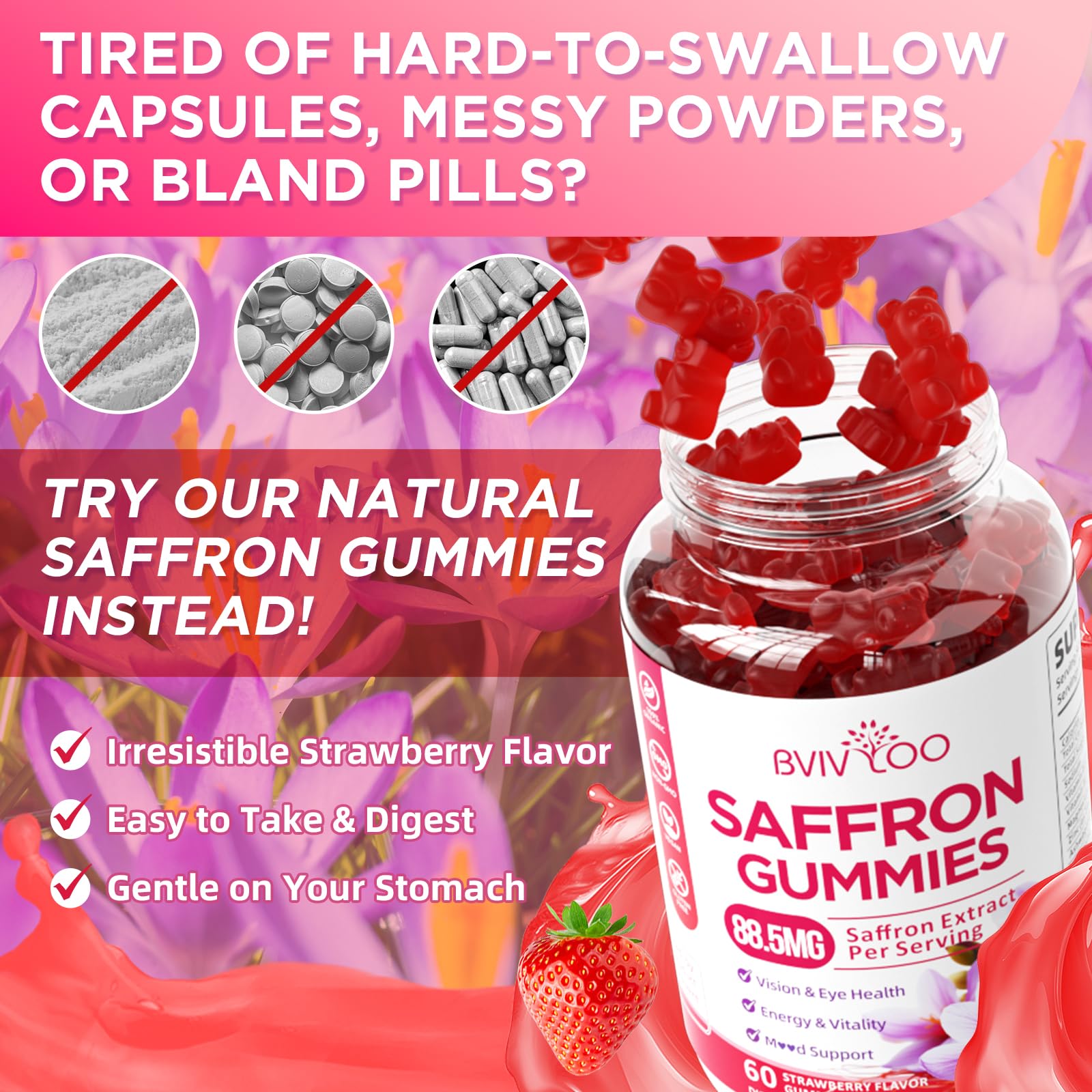 Saffron Gummies for Adult Kids, 10-IN-1 Formula with Saffron 88.5mg, Vitamins D3 & B6, Magnesium, Zinc, Ashwagandha, L-Theanine, St. John's Wort - Supports Mood & Focus, Strawberry Flavor, 60 Count BVIVLOOBuy Supplements Australia