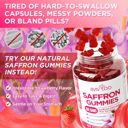 Saffron Gummies for Adult Kids, 10-IN-1 Formula with Saffron 88.5mg, Vitamins D3 & B6, Magnesium, Zinc, Ashwagandha, L-Theanine, St. John's Wort - Supports Mood & Focus, Strawberry Flavor, 60 Count BVIVLOOBuy Supplements Australia