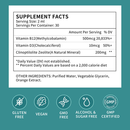 Zeolite Drops for Women,Adults and Kids- Clinoptilolite Zeolite Liquid Drops with Vitamin B12 & D3 - Heavy Metal Support, Immune Health, Natural Metabolism, Energy & Clear Skin - 30 Day Vegan Supply HerbanceBuy Supplements Australia