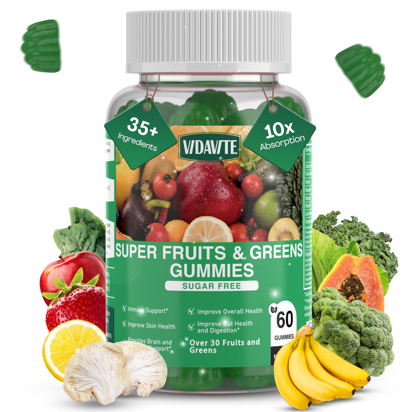 VIDAVITE Sugar-free Super Greens Gummies — US-Made, 35+ Fruit and Veggie gummies to Boost Immunity, Skin & Gut Health — Ideal Fruits and Vegetables Supplement