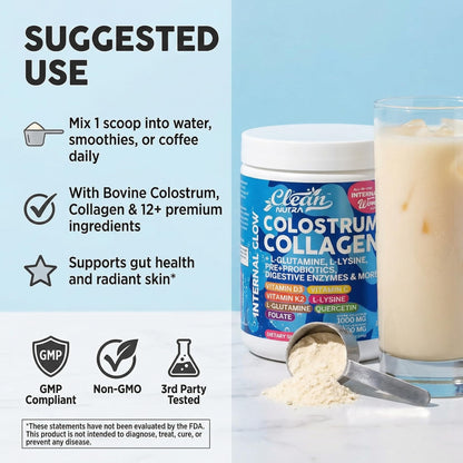 Bovine Colostrum Powder + Collagen Peptides with L-Glutamine L-Lysine Prebiotics Probiotics Digestive Enzymes Vitamin D K2 C Quercetin & Folate | Gut Health Supplement Internal Glow By Clean Nutra Clean NutraceuticalsBuy Supplements Australia