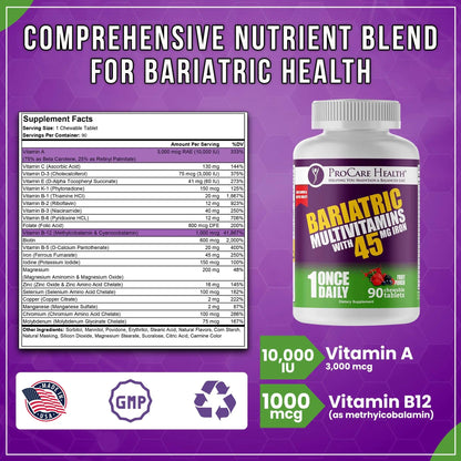 Procare Health Bariatric Multivitamin with Iron 45mg Chewable (90 Tablets) - Fruit Punch Flavor Bariatric Multivitamin Chewable Pills for Gastric Bypass ProCare HealthBuy Supplements Australia