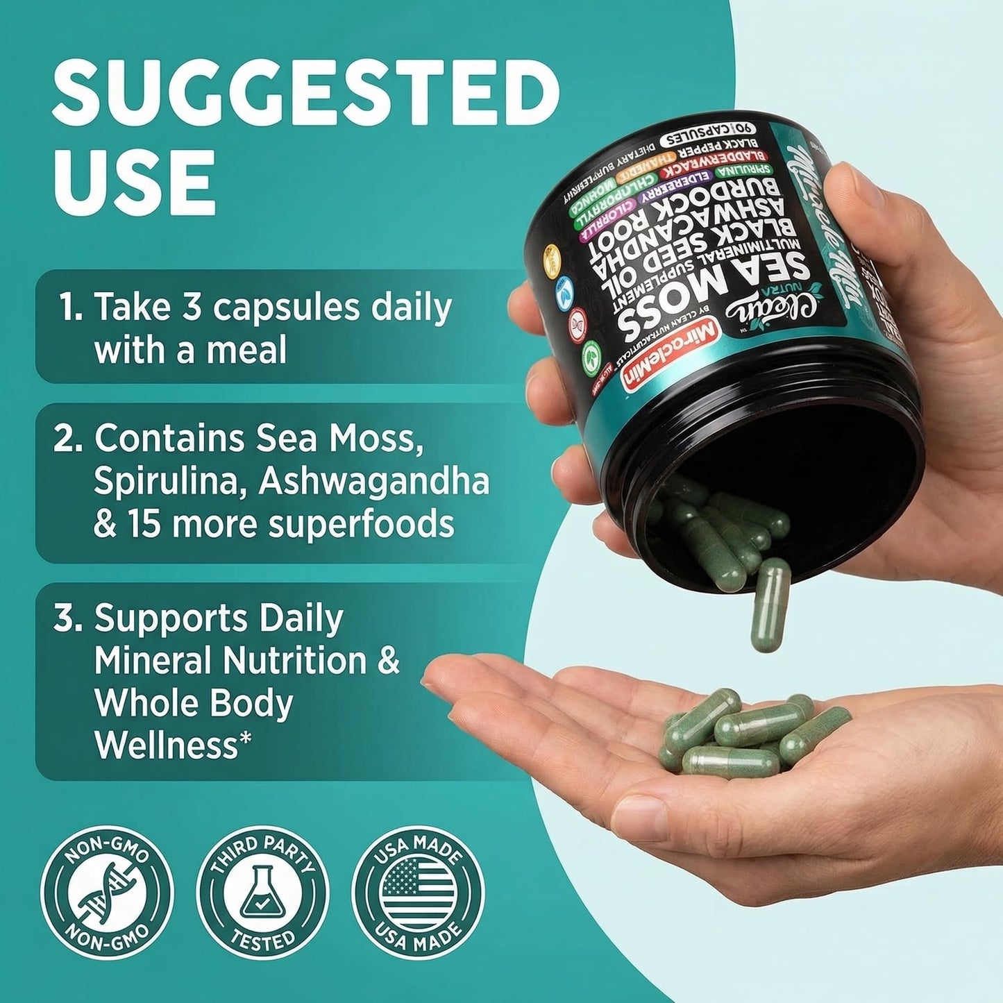 Clean Nutra Organic Sea Moss Capsules with Ashwagandha, Black Seed Oil, Burdock Root, Bladderwrack, Moringa, Chlorella, Spirulina, Turmeric, Elderberry, Amla – 90 Vegan Capsules – MiracleMin Clean NutraceuticalsBuy Supplements Australia